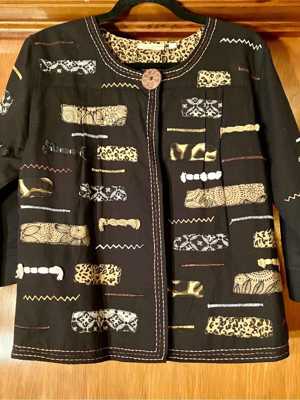 Vintage Choices Black Embroidered Patchwork Blazer with Leopard and Gold Accents